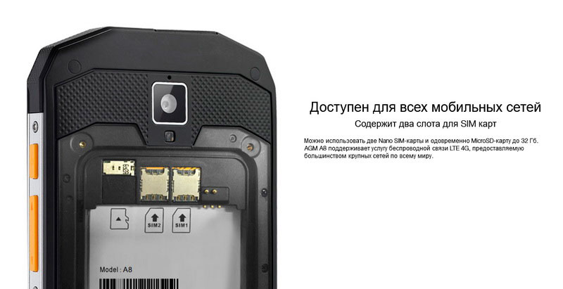 Защищённый смартфон AGM A8 имеет двойной слот сим-карт 2 Nano SIM