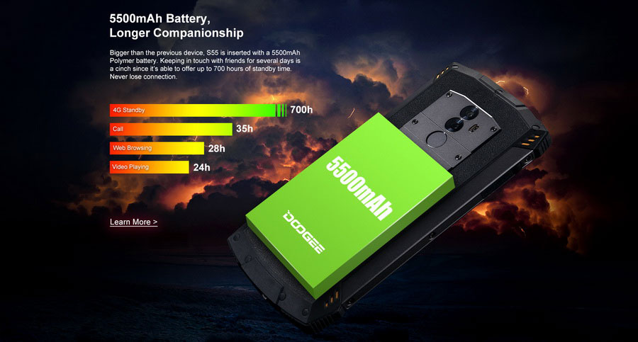 Doogee S55 Lite Mineral Black Gorilla Glass 3 и IP68, 2 Гб ОЗУ и 5500 мАч
