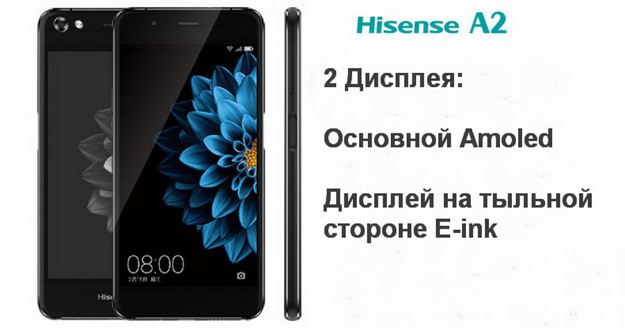 Hisense A2 смартфон имеет 2 дисплея: основной экран с AMOLED матрицей и дополнительный экран черно-белый