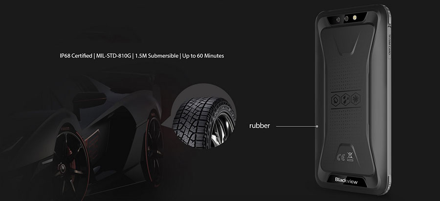 Blackview BV5500 Plus 3/32GB Black на тыльной панели расположен двойной модуль основной камеры со вспышкой и рельефные вставки.