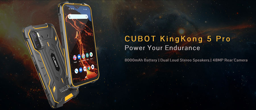Cubot King Kong 5 Pro 4/64Gb Orange оснастили батареей ёмкостью 8000 мАч, стереодинамиками, защитой в соответствии со степенями IP68 и IP69K, а также американским военным стандартом MIL-STD-810G