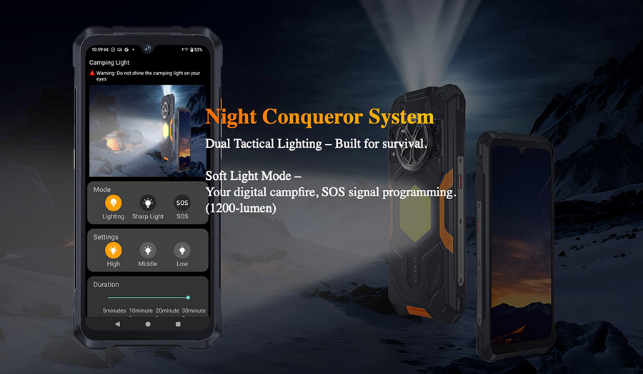 Cubot KingKong Power 5 6/128GB Black получил светодиодный фонарь с двумя элементами освещения, встроенный в торец корпуса (яркость до 1000 люмен).