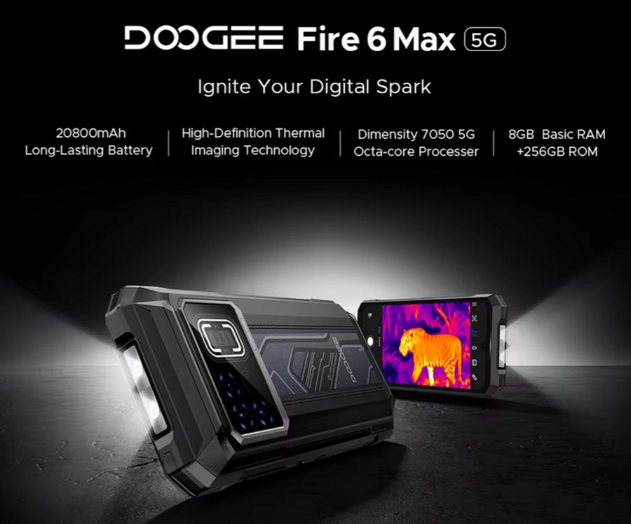 DOOGEE Fire 6 Max 5G Rugged Phone Dimensity 7050 Thermal Imaging 6.72” Dual Flashlight 20800mAh Battery Cellphone