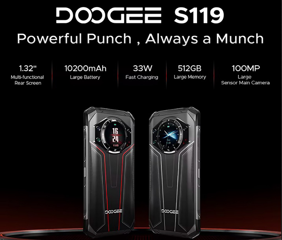 Doogee S119 Red Rugged Phone 6.72" FHD+ IPS Screen 8GB RAM 512GB ROM 100MP AI Main Camera 10200mAh Battery 33W Android 14 NFC
