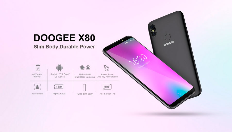 Doogee X80 Black безрамочный недорогой смартфон 2019 года с мощным аккумулятором на 4000 мАч