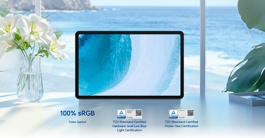 Дисплей планшета Honor Pad X9A с охватом 100% sRGB и сертификацией TÜV Rheinland для защиты зрения.