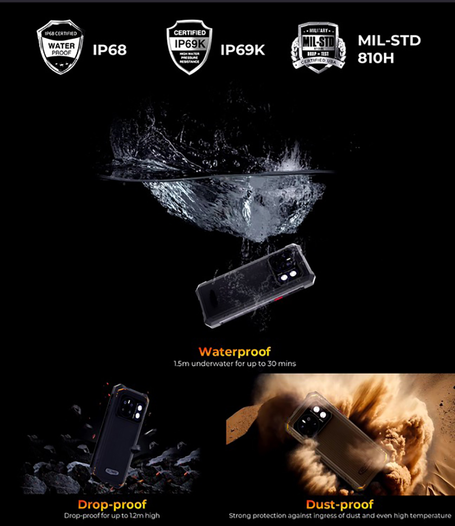 HOTWAV Cyber 13 Orange Rugged Phone 150LM Flashlight 8GB 128GB Smartphone 6.6'' HD+ 10800mAh 64MP Android 14 Cellphone