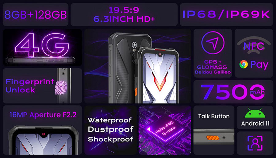 Hotwav Cyber 9 Pro 8/128Gb Black смартфон оснащен IPS дисплеем диагональ которого составляет 6.26", разрешение 1520х720, плотность пикселей 310 PPI
