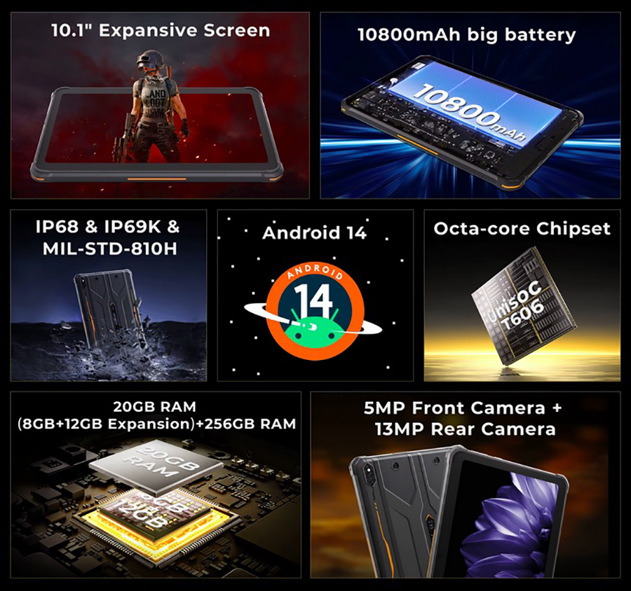 HOTWAV R10 Pro Rugged tablet android 14 10.1'' HD+10800mAh battery PC 5MP+13MP Camera 8GB+256GB 8-core OTG Charging Tablet