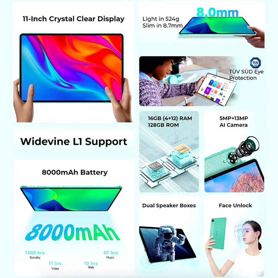 Oukitel OT11 Tablet PC 4GB+128GB 11" 2K Display 8000mAh Battery 13MP Android 14 Unisoc Tiger T606 Octa Core Support Dual SIM 4G