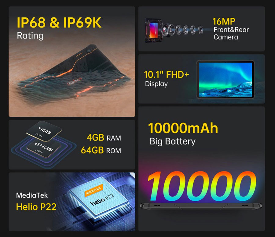 Oukitel RT1 4/64Gb Black получил IPS LCD-дисплей с диагональю 10.1 дюйма, разрешением 1920×1200p и соотношением сторон 16:10
