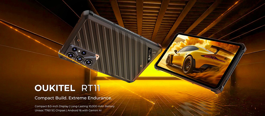 Защищенный планшет Oukitel RT11 5G Black вид спереди и сзади с рельефным корпусом