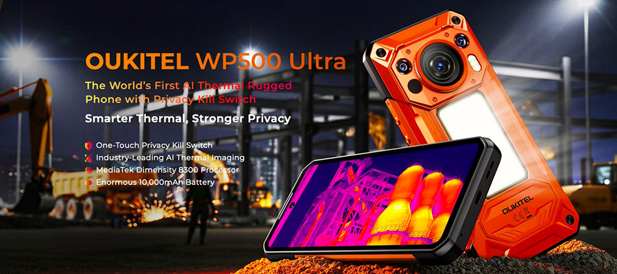 противоударный смартфон Oukitel WP500 Ultra THERMAL Orange с включенным тепловизором и мощным фонарем на ночной стройке
