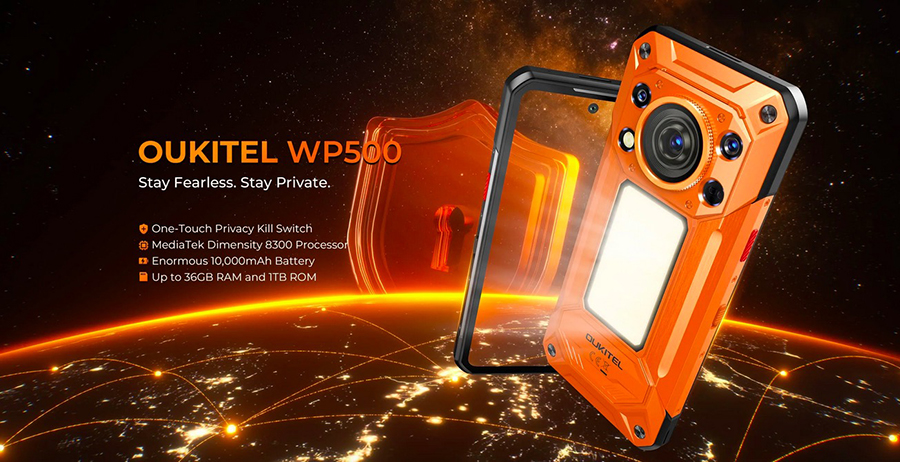 Защищенный смартфон Oukitel WP500 Orange в оранжевом корпусе с включенным кемпинговым фонарем