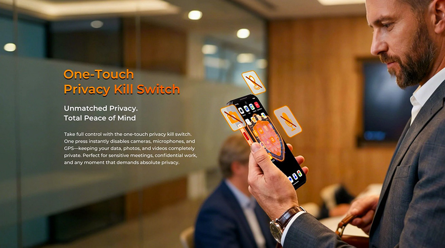 Демонстрация работы механического переключателя приватности One-Touch Privacy Kill Switch в смартфоне Oukitel WP500 Orange