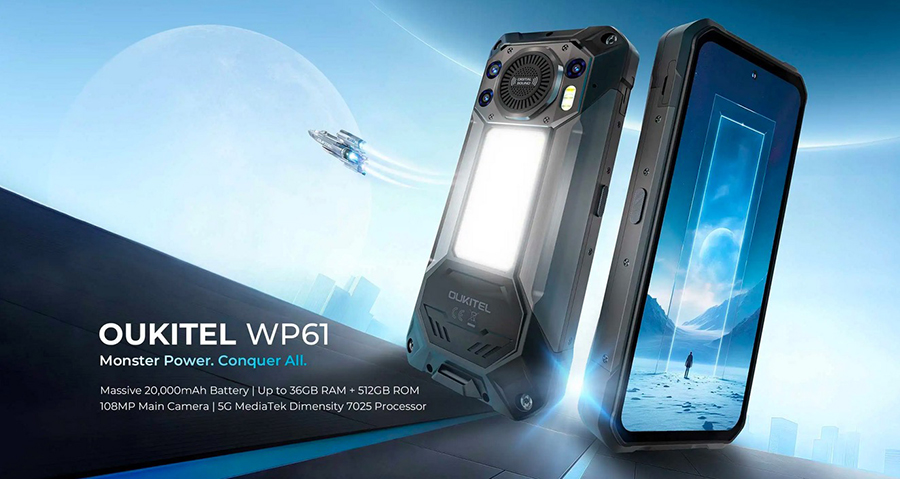 Противоударный смартфон Oukitel WP61 в чёрном цвете с массивным корпусом и защитой от воды и пыли, модель для полевых условий и интенсивного использования