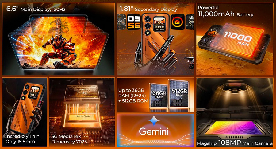 Характеристики Oukitel WP66 Orange: 36 Гб RAM, 512 Гб ROM, камера 108 Мп и процессор Dimensity 7025.