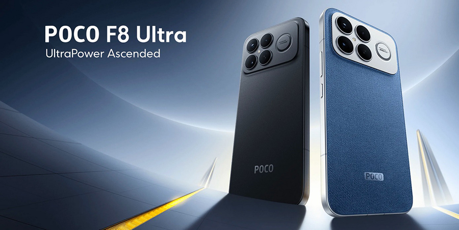 Флагманский смартфон Poco F8 Ultra в черном и синем цвете с блоком камер Bose