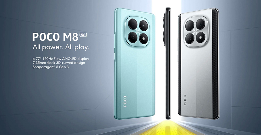 Poco M8 8/512GB Silver в глубоком черном цвете с ярким безрамочным экраном