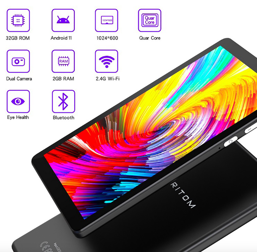 PRITOM 7-дюймовый планшетный ПК 32 ГБ Android 11 с четырехъядерным процессором HD IPS-дисплей Двойная камера WiFi с защитным чехлом из полиуретана