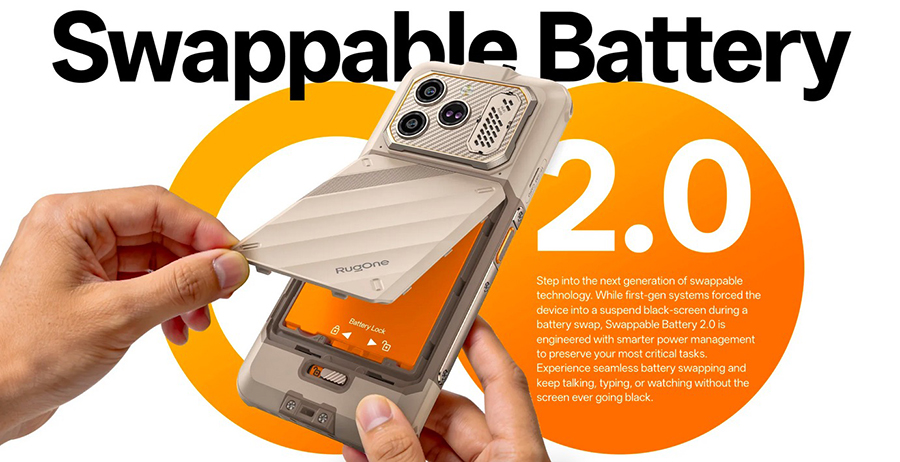 Инновационная система замены батареи Swappable Battery 2.0 в RugOne Xever 8 без выключения экрана смартфона.