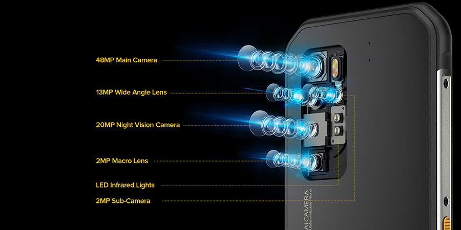Ulefone Armor 11 5G 8/256Gb Black оснащен профессиональной камерой с 5 объективами: основной 48МП + ночной 20МП + широкоугольный 13МП + макро 2МП + вспомогательный 2МП