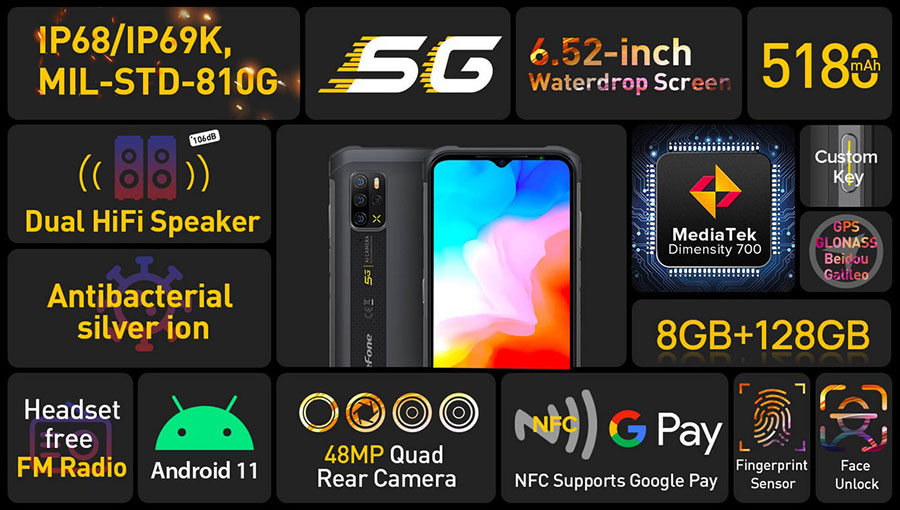 Ulefone Armor 12 5G 8/128Gb Black построен на базе однокристальной системы MediaTek Dimensity 700 5G, он получил 8 ГБ оперативной памяти и 128 ГБ встроенной флеш-памяти.