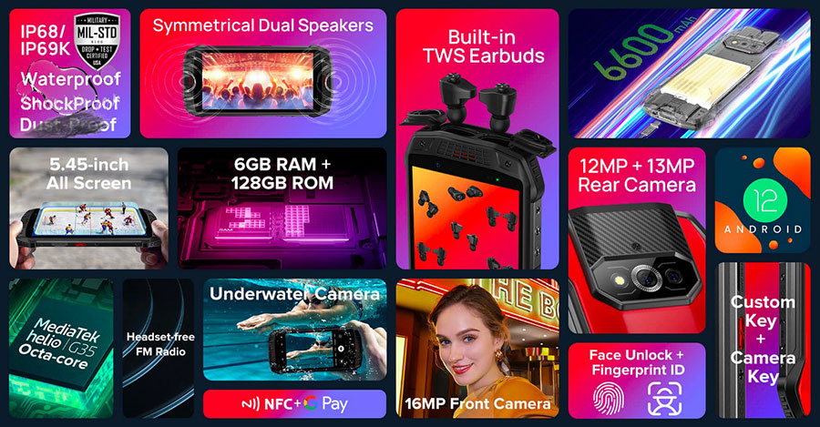 Ulefone Armor 15 6/128GB Black имеет специальный отсек в верхней части корпуса, где хранятся TWS-наушники.