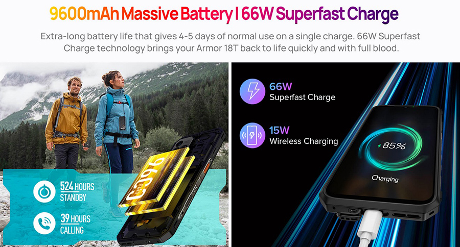 В смартфон Ulefone Armor 18T 12/256GB Black установлен мощный аккумулятор на 9600мАч