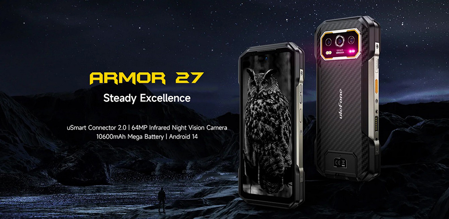 Ulefone Armor 27 64MP Infrared Night Vision Camera | 10600mAh Mega Battery | 6.75" FHD+ 120Hz | 24GB+256GB | Fast and Wireless Charging | Android 14 | 50MP Main Camera | 32 MP Front Camera | uSmart Connector 2.0 | IP68/IP69K, MIL-STD-810H