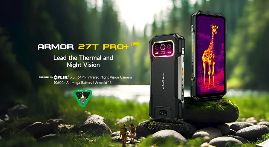Защищенный смартфон UleFone Armor 27T Pro Plus 5G на фоне природы с демонстрацией работы тепловизора FLIR и ночного видения