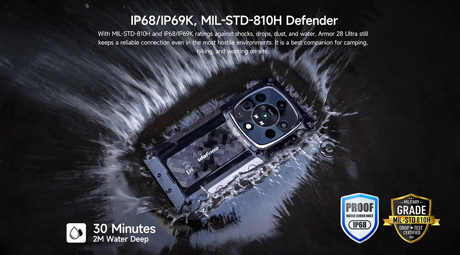 Ulefone Armor 28 Ultra Thermal Version Rated IP68 (maximum depth of 2.0 metres up to 30 minutes) under IEC standard 60529
