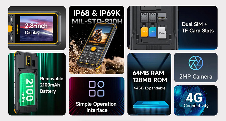 Прочный кнопочный мобильный Ulefone Armor Mini 4 4G для путешествий, стройки и экстремальных условий эксплуатации.