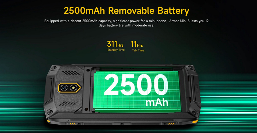 Литиевая батарея емкостью 2500 мАч в защищенном кнопочном смартфоне Ulefone Armor Mini 5 для длительной автономной работы