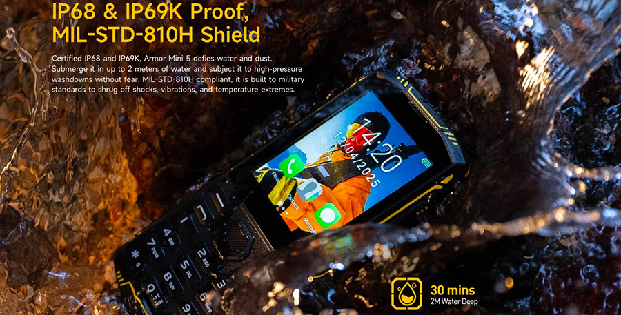 Влагозащищенный кнопочный мобильный телефон Ulefone Armor Mini 5 под водой, демонстрация стандартов IP68 и IP69K