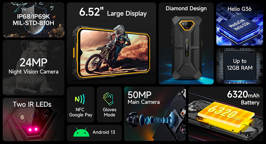 Ulefone Armor X13 6/64GB orange получил хорошую защиту по стандартам IP68/IP69K/MIL-STD-810H
