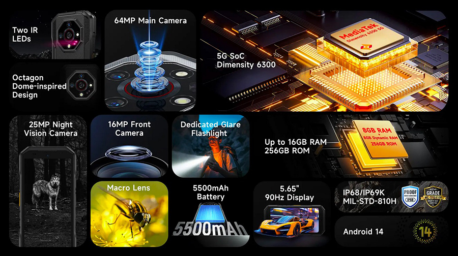 UleFone Armor X32 Pro 8/256GB Black - защищённый смартфон с 5G, мощным процессором, камерой 64 МП и ночным видением, IP68/IP69K защита, MIL-STD-810