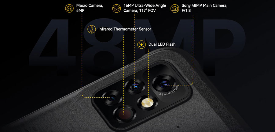 Umidigi Bison Pro 4/128GB Storm Gray получил защиту от воды и пыли (IP68/IP69K), инфракрасный термометр, тройную основную камеру с главным датчиком Sony на 48 Мп, фронтальную камеру на 24 Мп