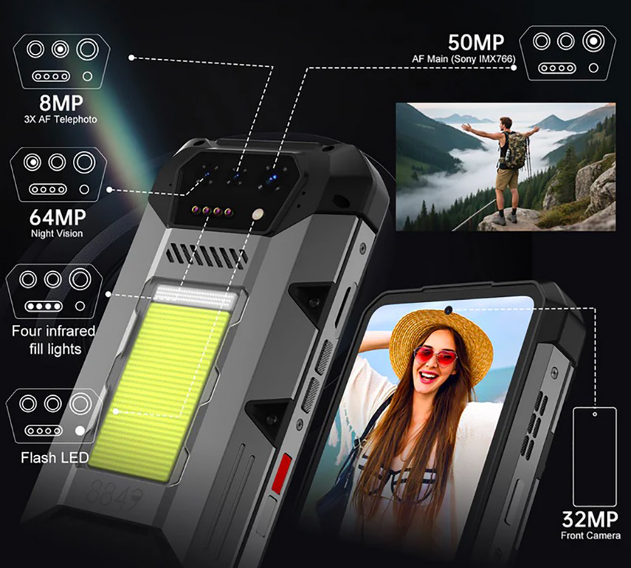 Смартфон Unihertz 8849 Hike - прочный, автономный, с фонарем 200 м и аккумулятором 23800 мАч