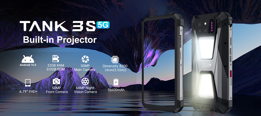 Unihertz tank 3s 8849 powered phone with projector 24/32GB 256/512GB Dimension 8200 cellphone 15600mAh 66W 