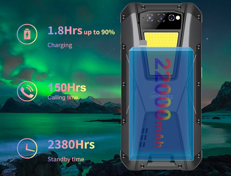 У смартфона Unihertz Tank 12/256GB аккумулятор ёмкостью 22000 мАч, который позволяет неделю работать и не подзаряжаться