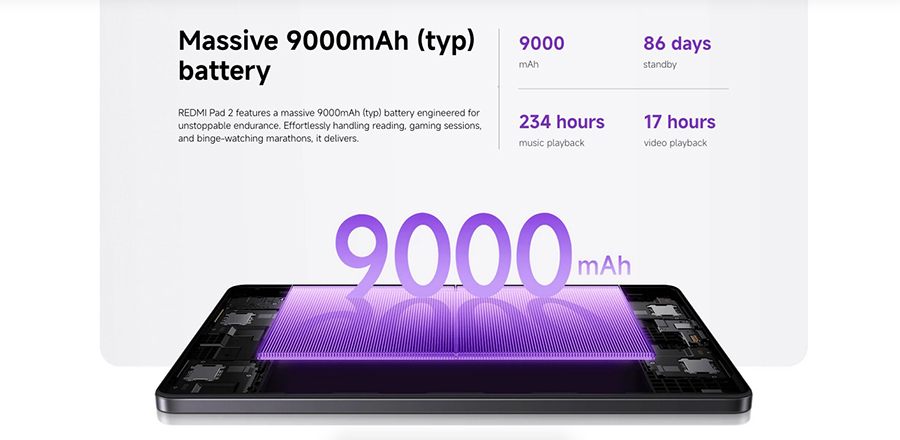 Xiaomi Redmi Pad 2 6/128GB Wi-Fi Lavender Purple с экраном 11 дюймов, Android 15, батареей 9000 мАч и стереозвуком. Высокая производительность, плавный дисплей и большой объем памяти.